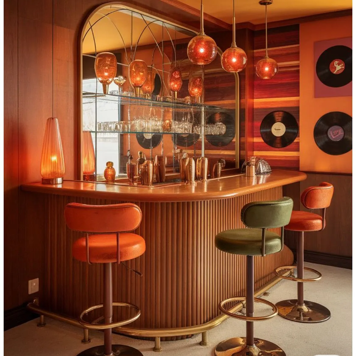A glowing retro bar with amber pendant lights