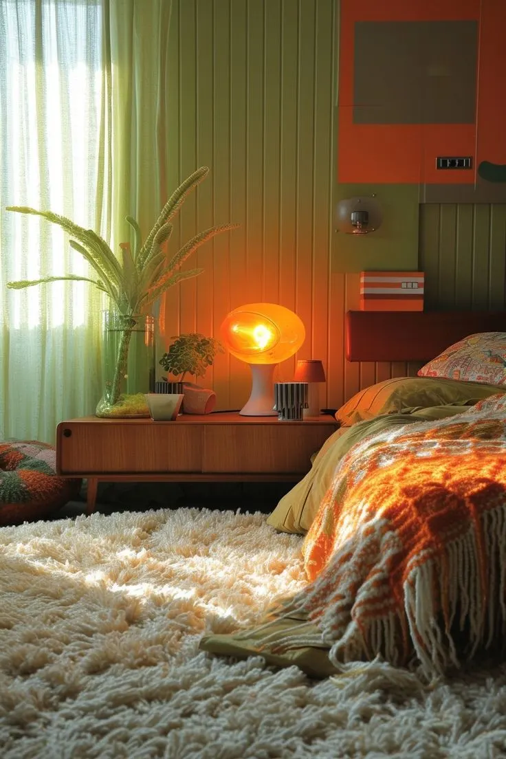 A bedroom lit by a single orange lamp