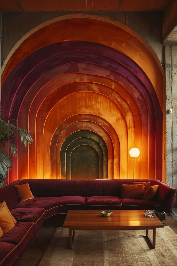 A sunken lounge under glowing amber arches