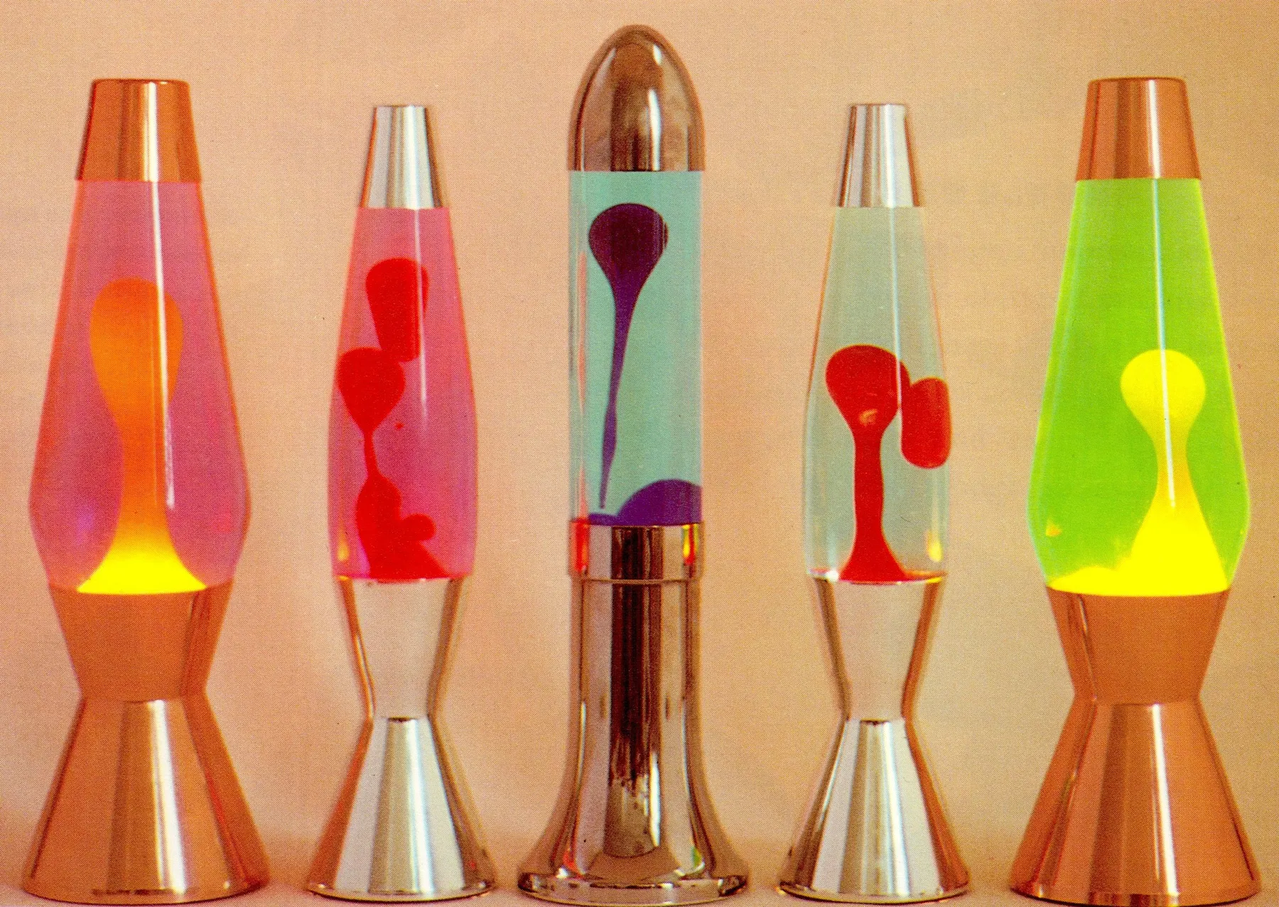 A row of glowing lava lamps